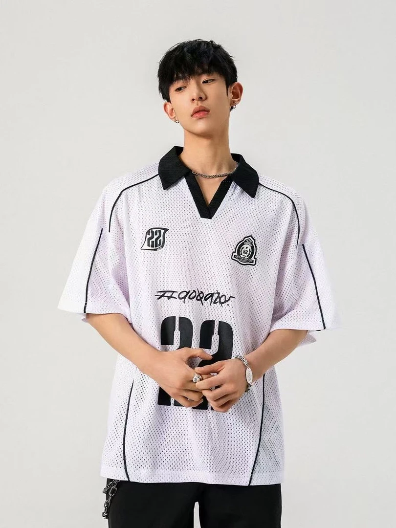 美式足球运动短袖t恤男夏季字母凉感海鸥领半袖网眼速干体恤-2530