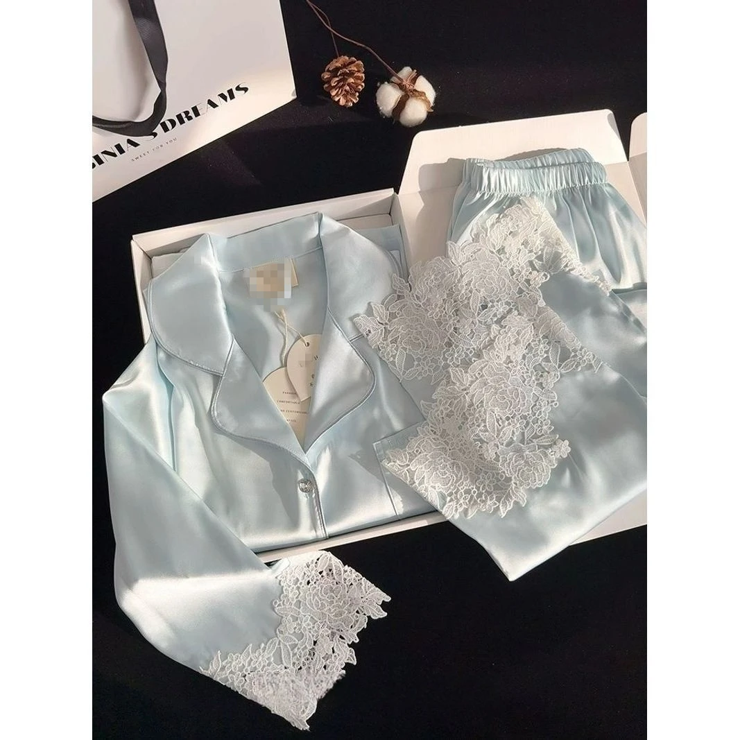 蕾丝花纯色精致冰雪丝睡衣女春夏新品高级家居服可外穿两件套装