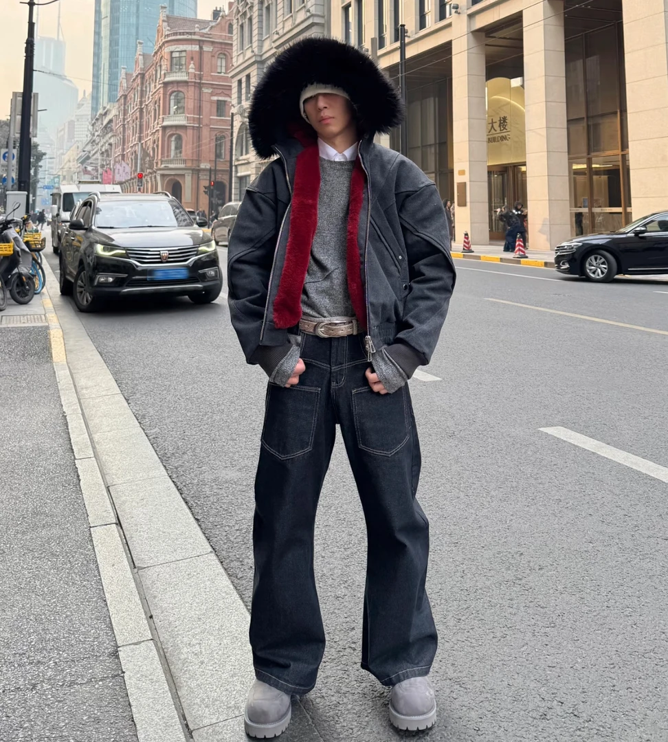 没毛领介意不拍！座山雕红内加绒加厚外套男cleanfit重磅帆布水洗