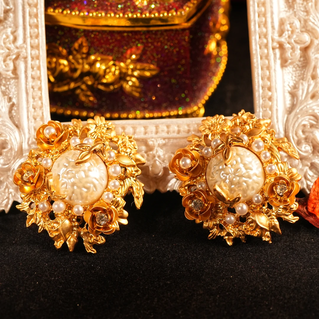 铜合金耳饰 【1735】耳夹 花团锦簇超精致重工复古法式