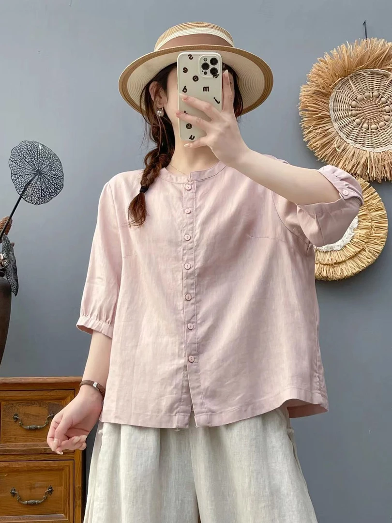 【亚麻 小圆领】夏季纯亚麻小圆领短袖上衣女百搭宽松透气舒适66105
