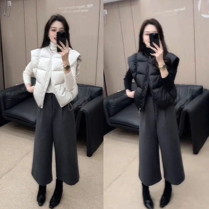 冬季保暖穿搭一整套女装2025新款高领打底衫棉服马甲阔腿裤三件套