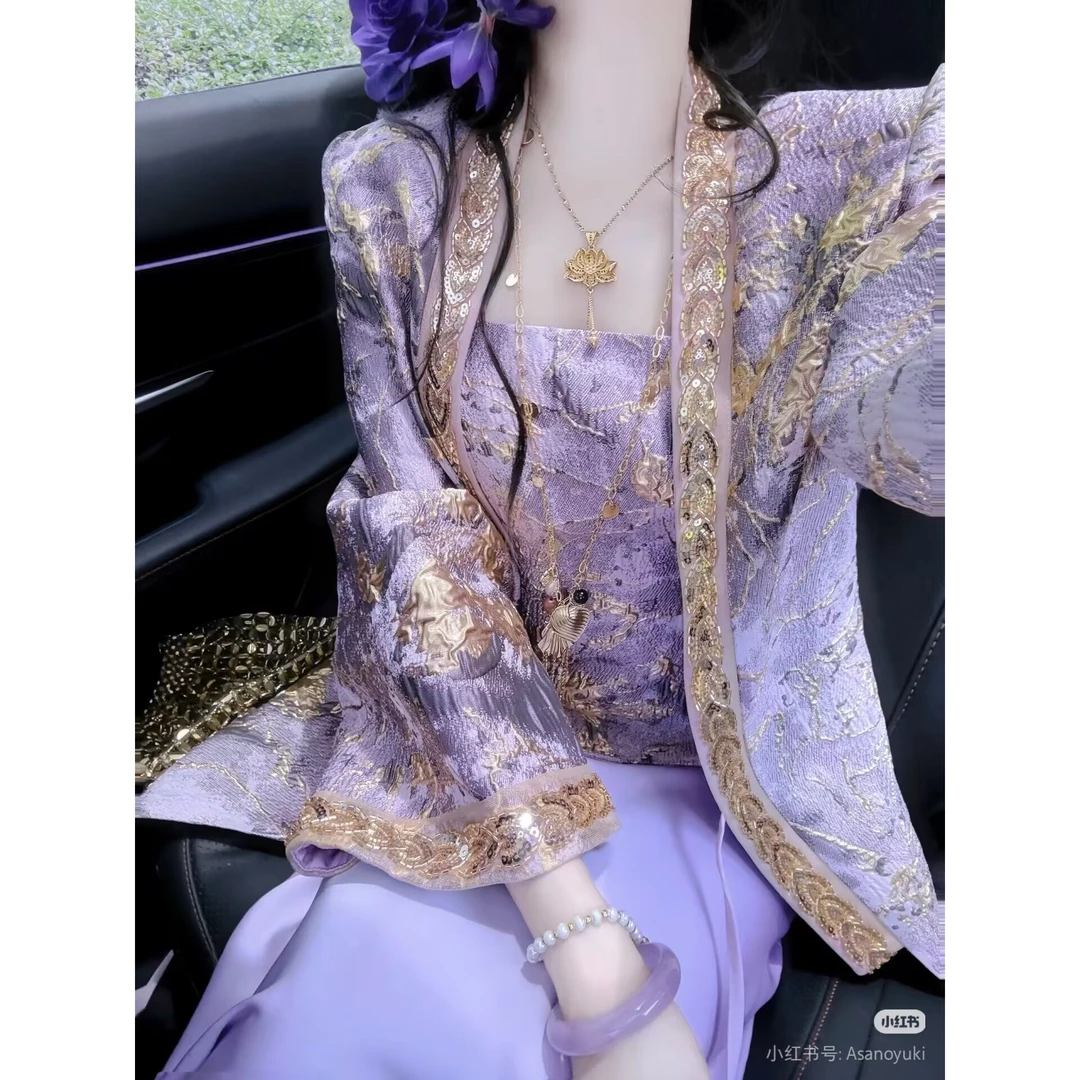 新中式国风套装女秋高级感立体浮雕绣花上衣外套缎面半身裙三件套