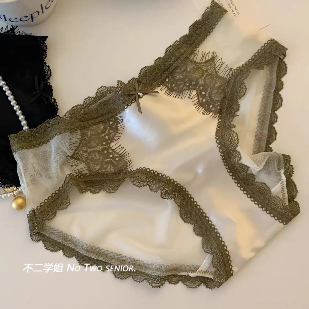 法式轻奢复古缎面冰丝纯欲性感内裤透气三角无痕蕾丝网纱甜美少女