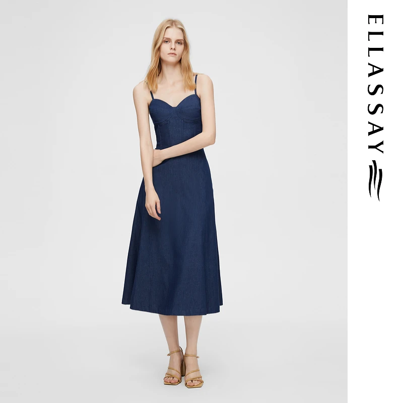 ELLASSAY歌力思2025早春新款棉感复古牛仔连衣裙女EWB362N00800
