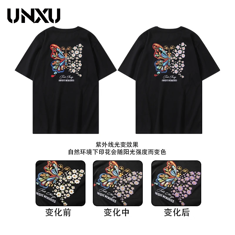 UNXU国潮短袖t恤男女同款蝴蝶光变刺绣中国风宽松纯棉圆领上衣