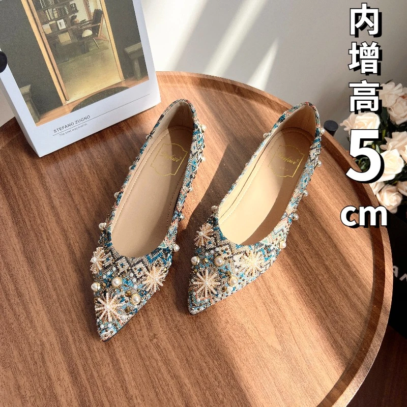 春夏新款民族风旗袍国风内增高5CM温柔尖头时尚百搭气质女单鞋