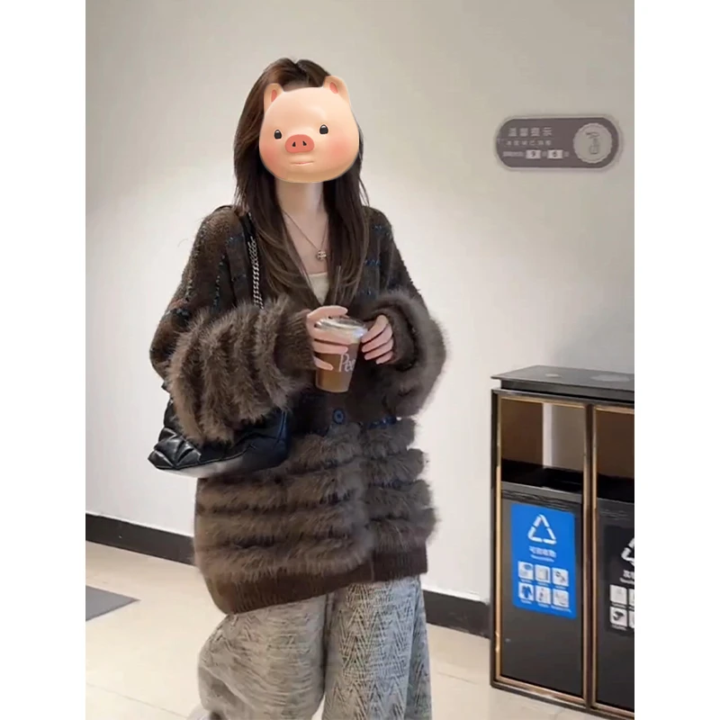 法式重工小香风咖色毛衣开衫女秋冬季宽松慵懒风毛边针织外套上衣