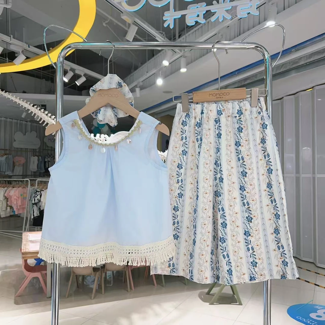 MOMOCO夏季女童时髦民族风无袖碎花阔腿裤套装77630579004