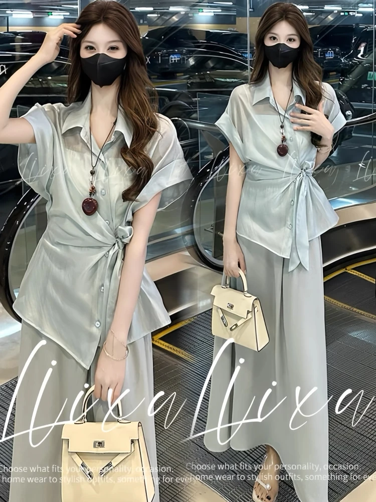 休闲套装女夏装洋气质减龄显瘦短袖衬衫高腰裙子胖mm显瘦款夏季