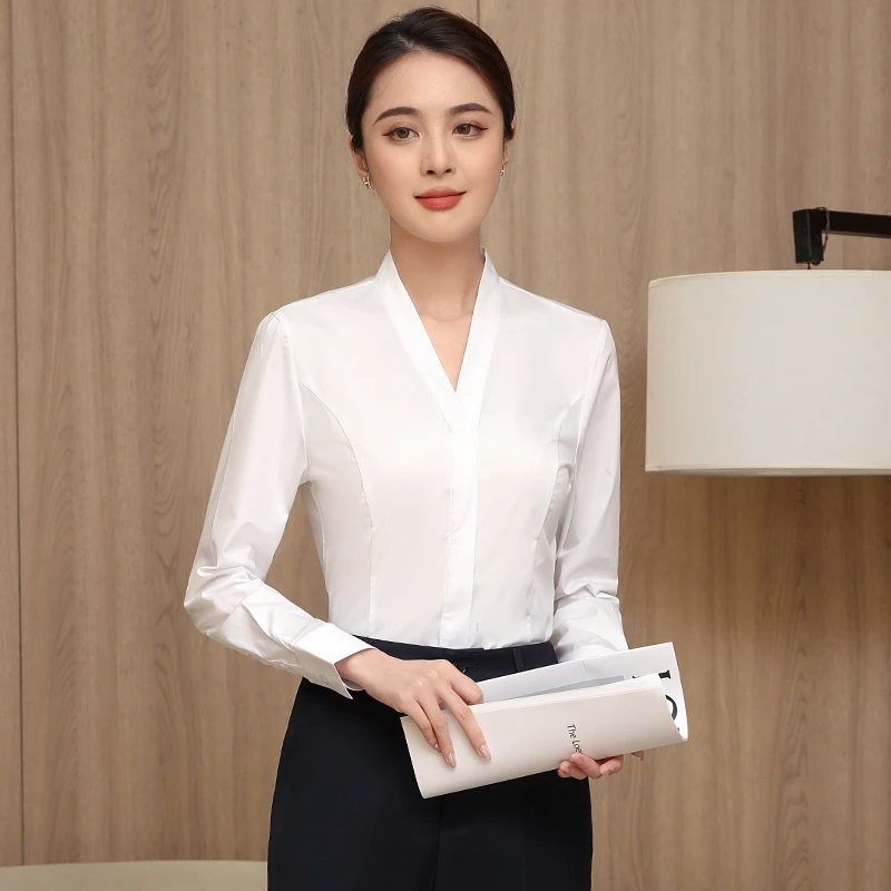 气质上衣衬衣女春秋工作服前台面试白衬衫职业美容师西装西裤女