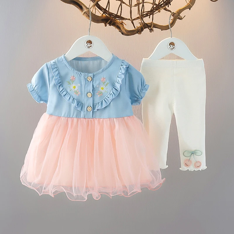 女童短袖纱裙夏装两件套夏季小女孩夏天裙子女宝宝洋气公主裙套装