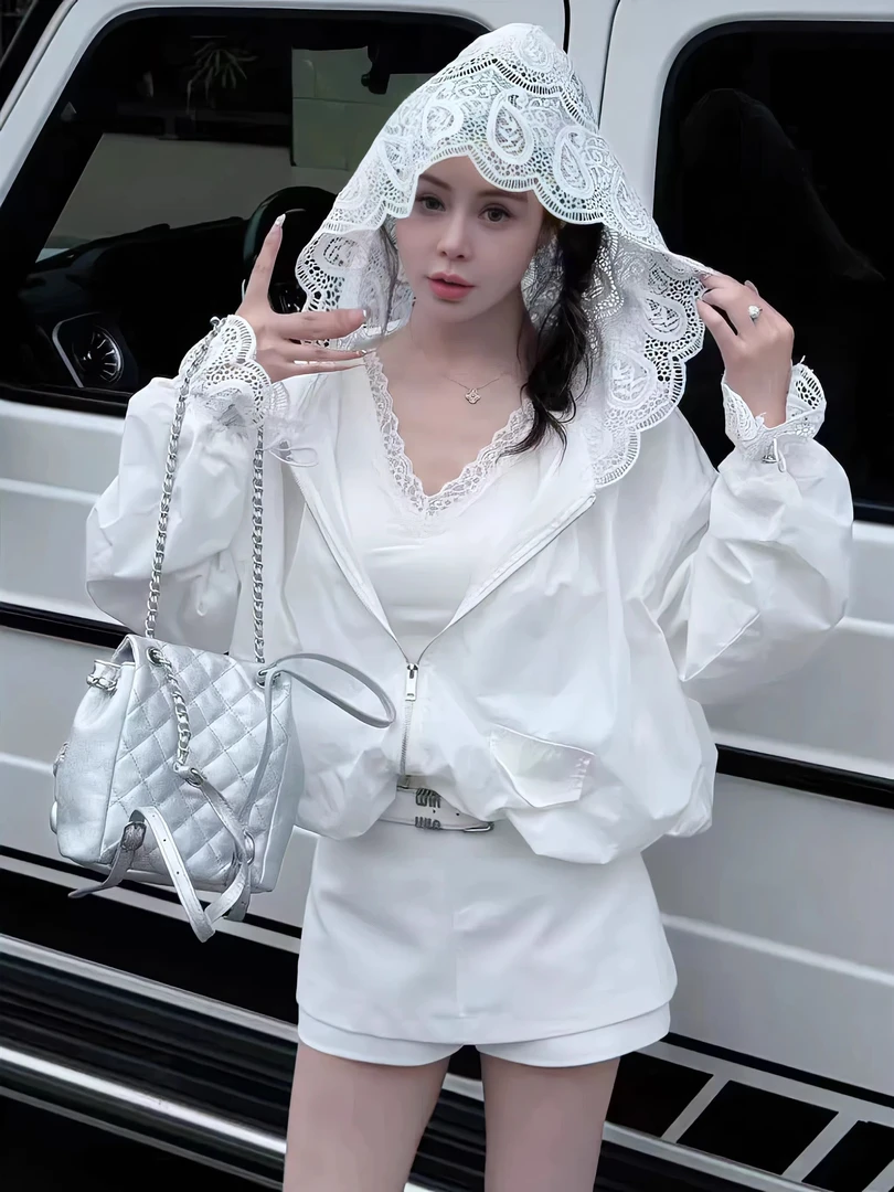 白色蕾丝花边连帽薄款外套女2025新款洋气洋气百搭时尚防晒衫上衣