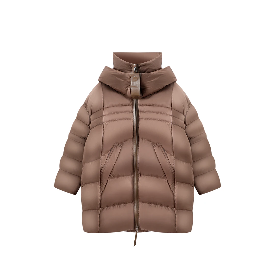 皮质搭扣压线鹅绒服女连帽立领茧型中长款ZGWD8622HN