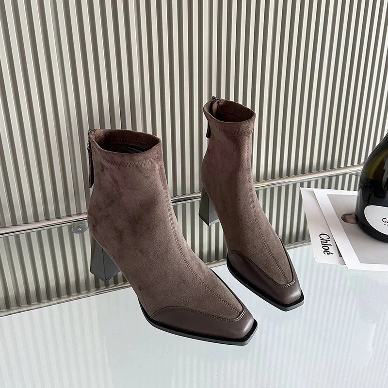 2024年秋冬季新款后拉链时装靴法式高跟靴女粗跟短靴66-538