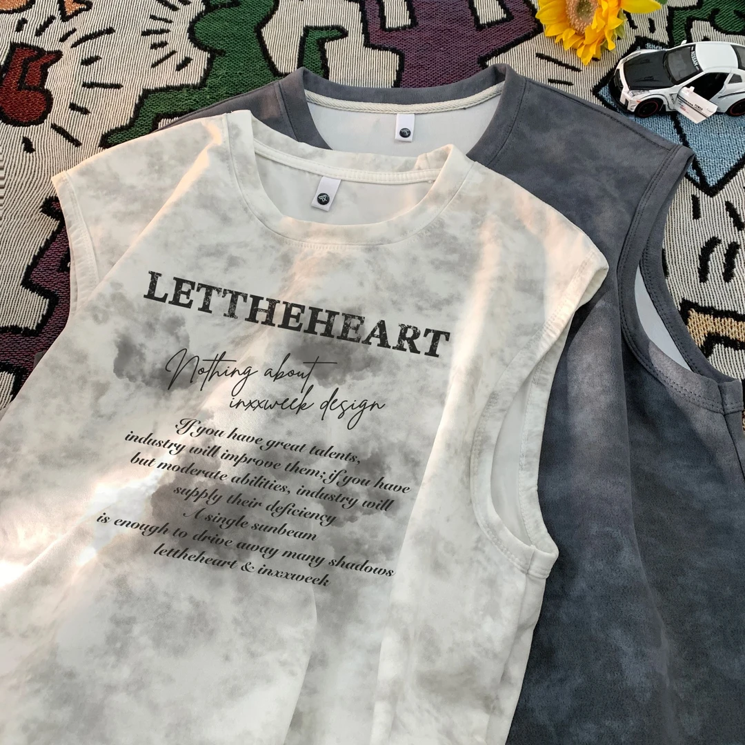 背心男款爆款2025新款夏季流光风运动无袖T恤美式宽松重磅短袖t恤