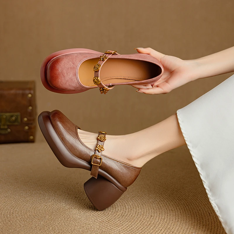 7cm高跟单鞋英伦风粗跟春季玛丽珍鞋圆头复古百搭软底真皮女鞋40