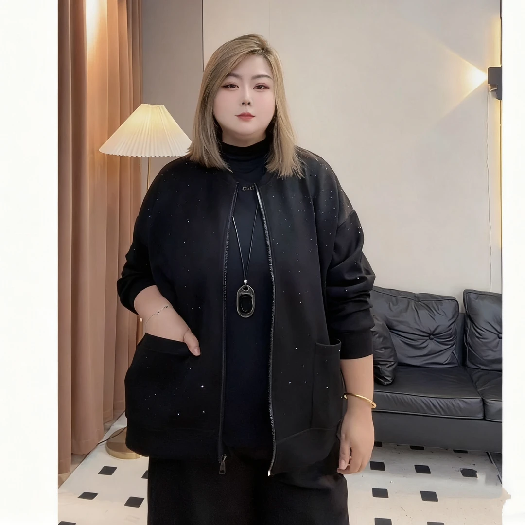 满天星外套胖子大码棒球服女春秋欧货洋气宽松休闲外衣时尚黑色