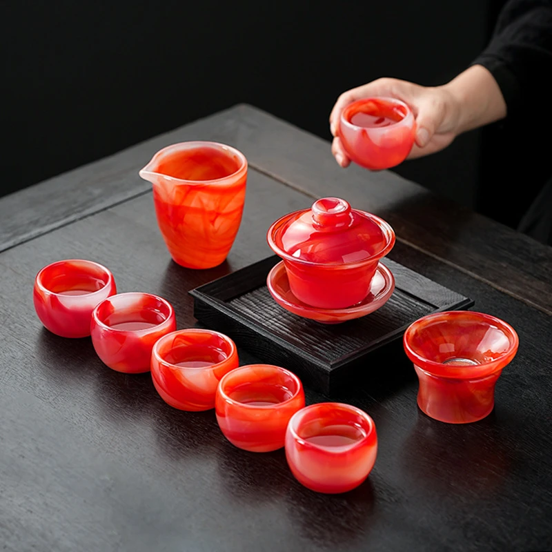 红玛瑙琉璃茶具套装家用会客功夫茶具盖碗茶杯整套茶具中式主人杯