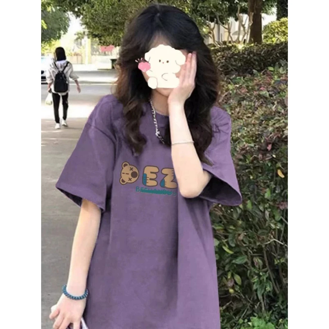 欧货紫色大版短袖T恤女新款夏季设计感小众宽松中长款打底衫上衣