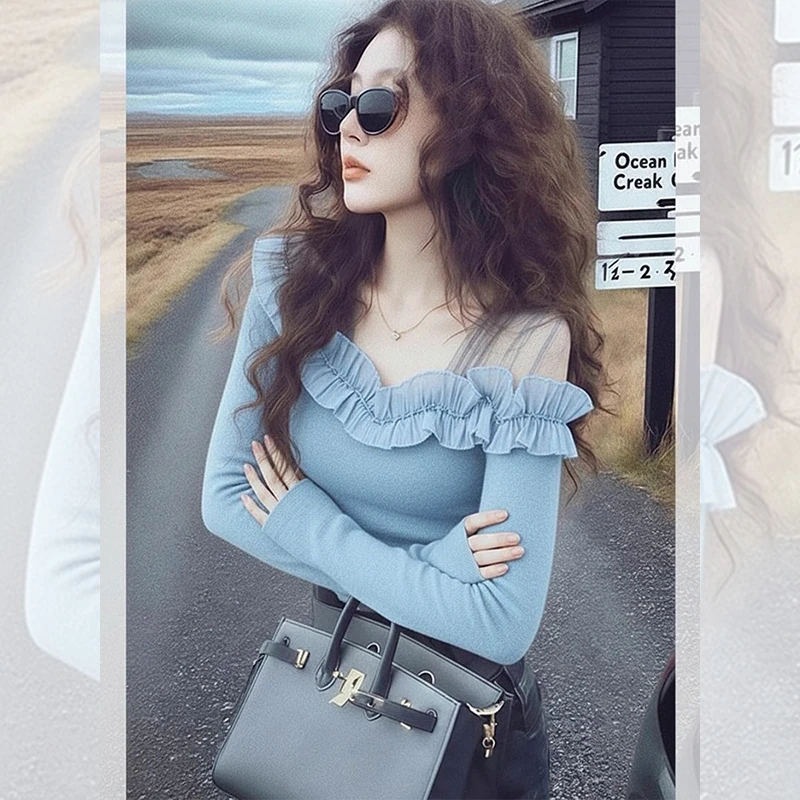 独特漂亮内搭蓝色网纱斜领打底小衫毛衣女秋冬洋气百搭针织衫上衣