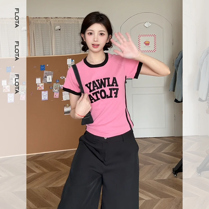 【flota】美式潮牌字母街头风插肩T恤女新款辣妹修身短袖上衣1108