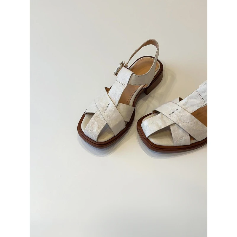 Dangle 罗马包头凉鞋女平底2.5cm 厚底方头羊皮沙滩鞋