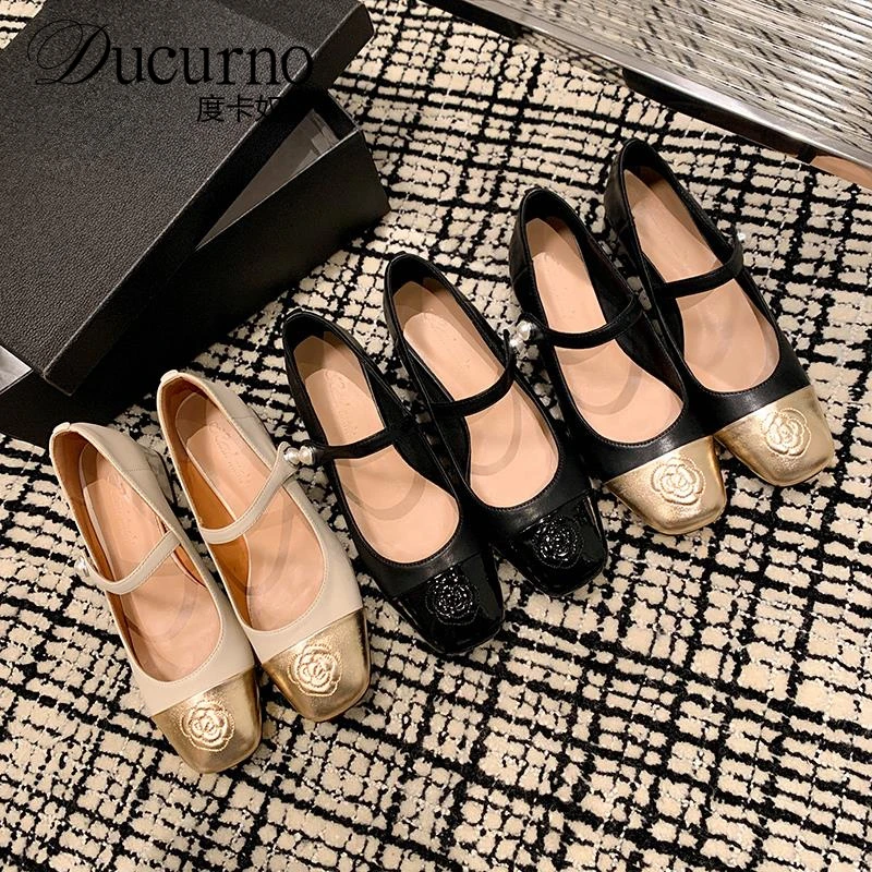 法式小香风气质山茶花玛丽珍鞋女黑金拼色浅口方头中跟单鞋赫本鞋