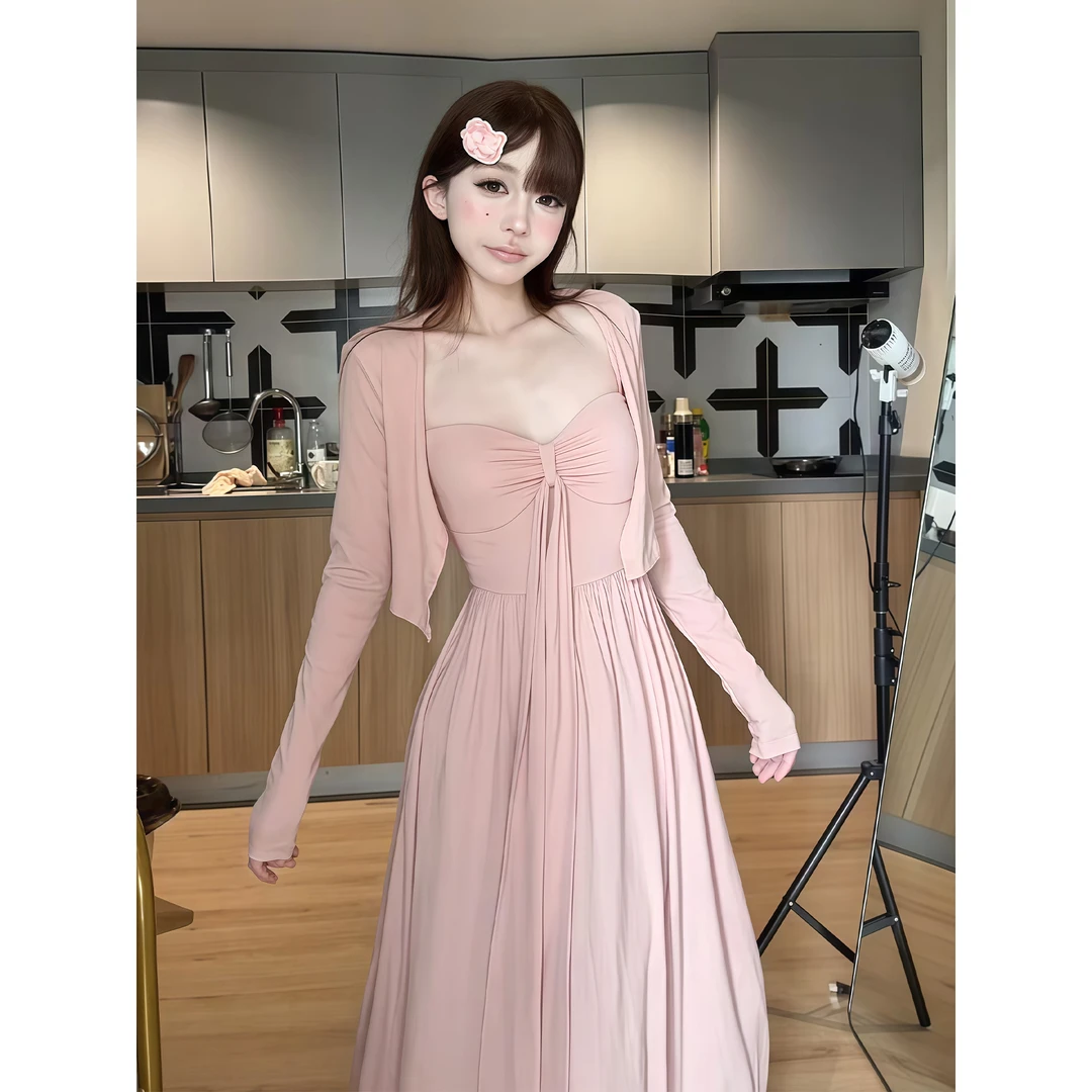 性感辣妹风蝴蝶结吊带连衣裙女2025早秋新款修身显瘦A字裙长裙子