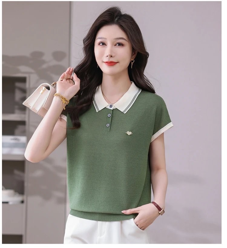 2025夏季新款女士宽松洋气休闲方领短袖针织显瘦减龄气质百搭上衣