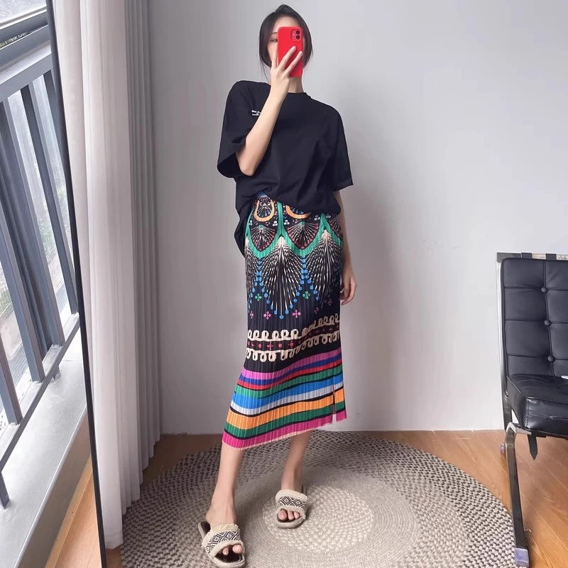 三宅风复古印花皱褶半裙女夏装高腰显瘦弹力开叉压褶直筒半身裙潮
