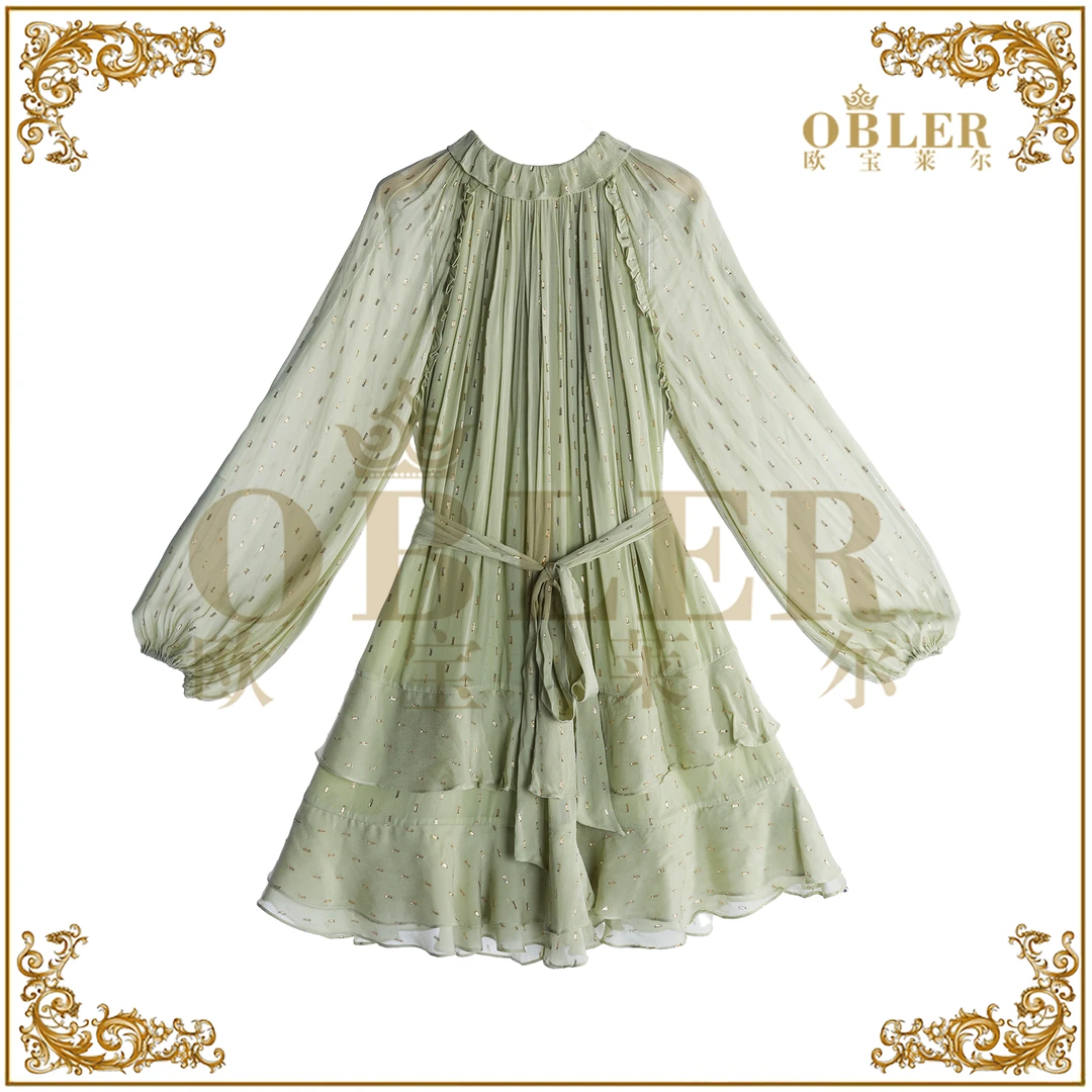 【欧宝莱尔】新款气质时尚轻奢金丝女装连衣裙305-25253-1绿色