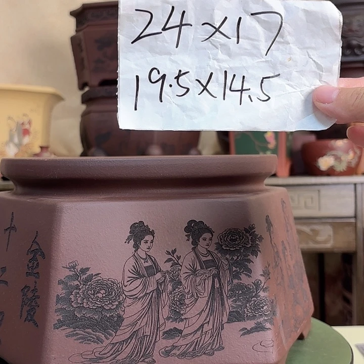 紫砂花盆刻绘十二钗