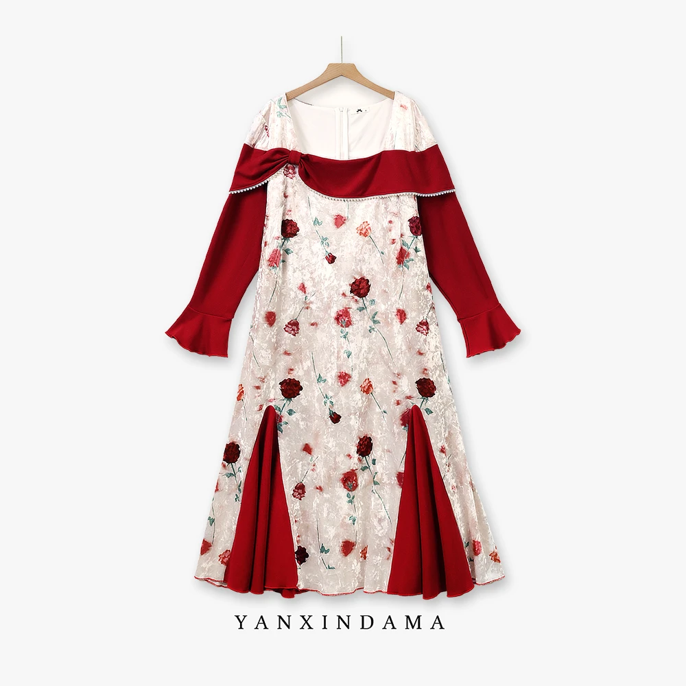 【岩心】大码女装300斤胖MM法式气质高级感拼接丝绒连衣裙67085