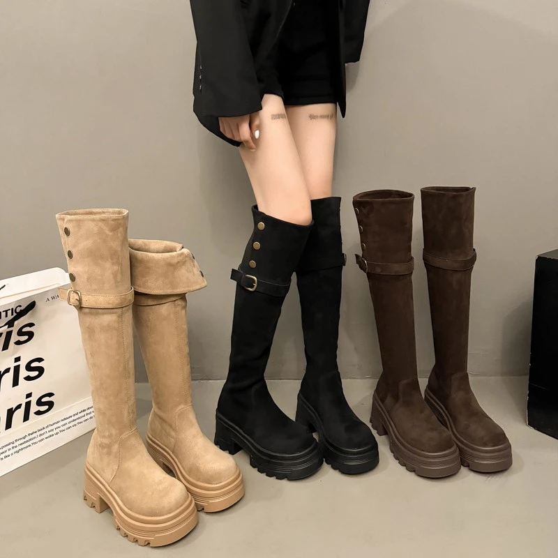 厚底翻折两穿长筒靴子女2025秋冬季新款加绒高筒靴粗跟过膝骑士靴