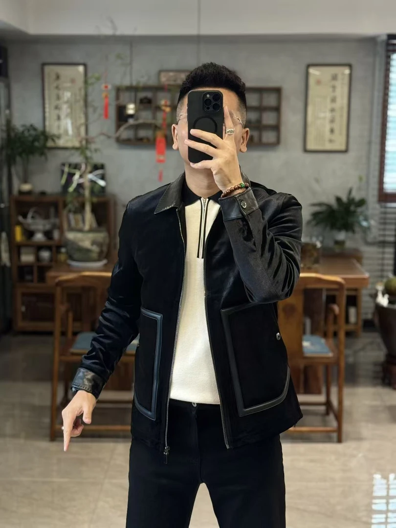 88261欧货秋季时尚百搭翻领拉链拼羊皮磁吸扣男士丝绒外套