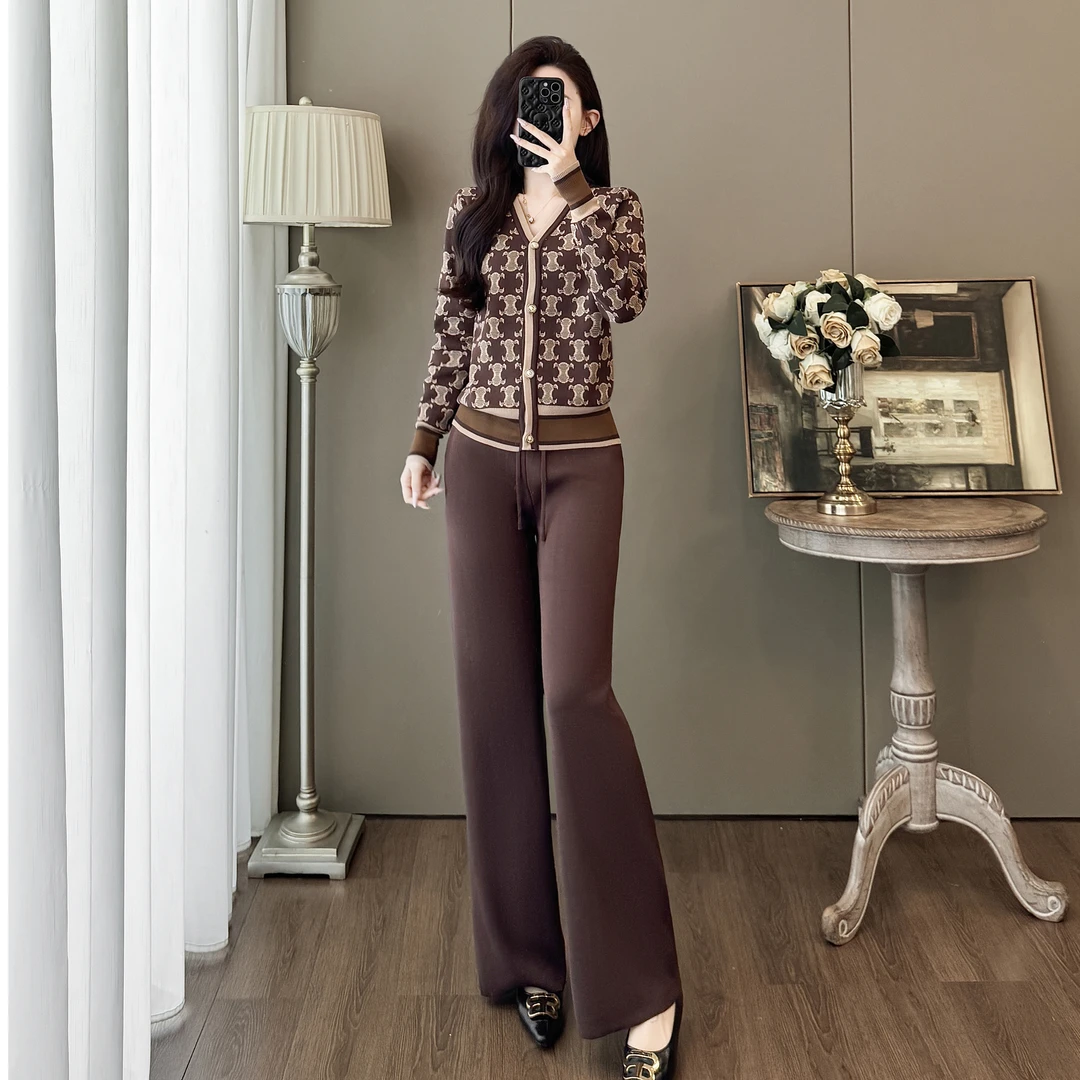 欧洲站高级感休闲时尚显瘦职业香风针织开衫女阔腿裤时髦两件套装