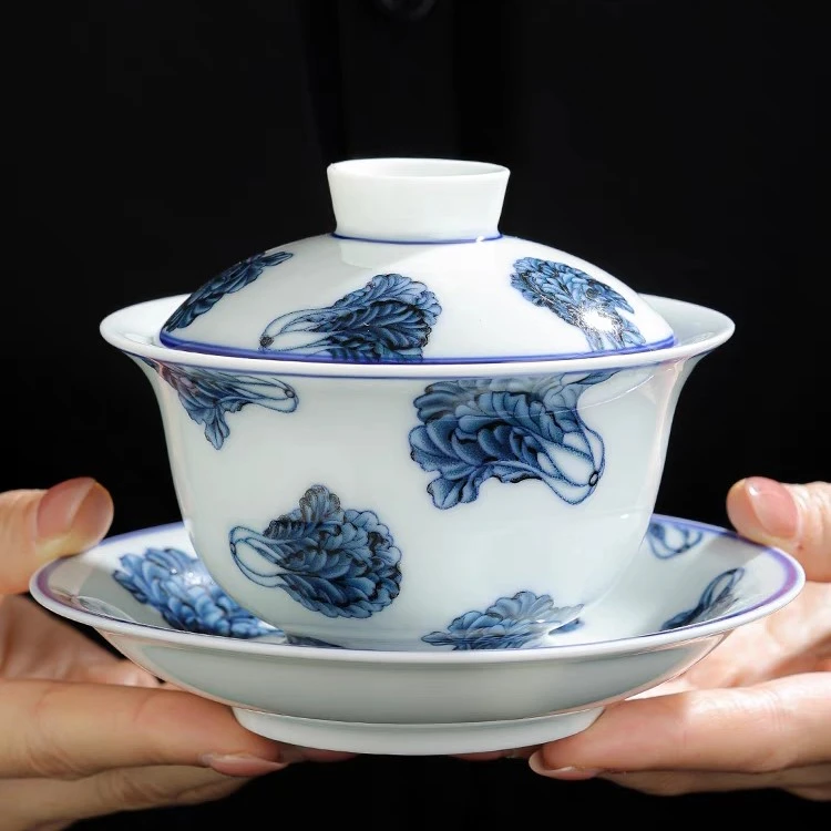 景德镇手工制作釉下彩青花白菜招财纳福高端陶瓷茶具三才元宝盖碗