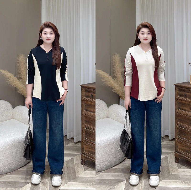 【上新上衣】PMM82157秋季新款显瘦设计感撞色收腰长袖大码T恤