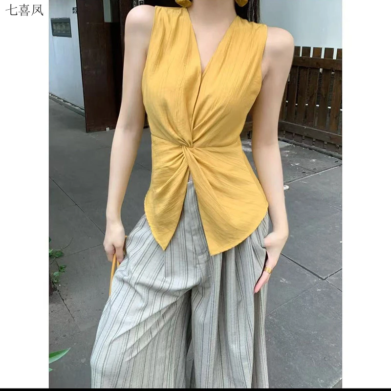 洋气宽松韩版感设计时尚潮流聚酯纤维扭结背心黑色黄色