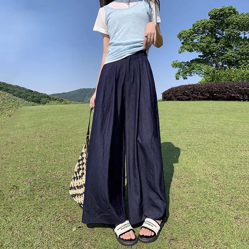 深蓝色天丝阔腿牛仔裤女早秋薄款宽松2025新款高腰垂感冰丝凉凉裤