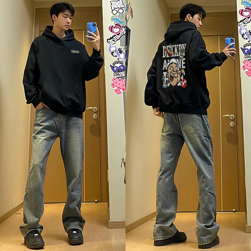 美式创意卡通字母印花连帽卫衣男秋冬季潮牌百搭宽松情侣外套上衣
