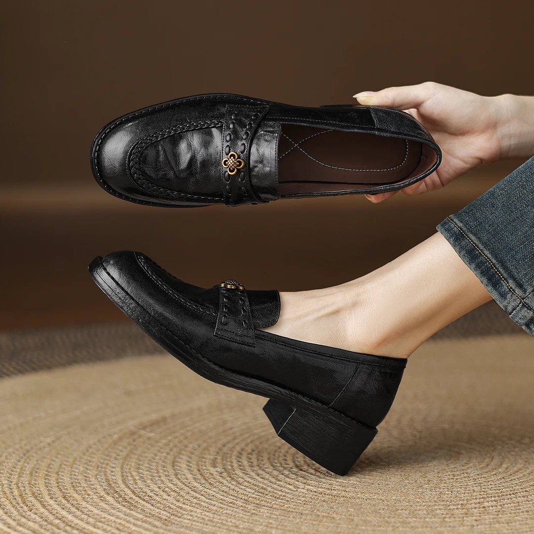 4.5CM真皮羊皮乐福鞋女秋单鞋复古英伦风黑色粗跟通勤中跟小皮鞋