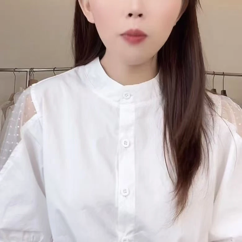 衬衣夏季打底衬衫5分袖立领刺绣灯笼袖白衬衫网红洋气炸街女装