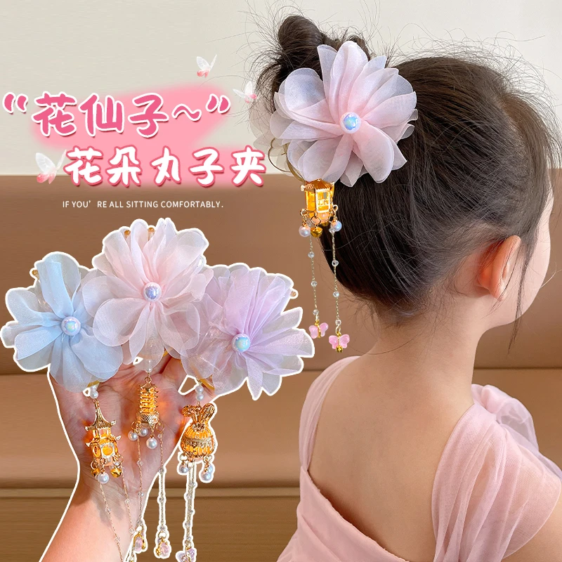 中秋节发光宫灯发饰儿童可爱丸子头抓夹花朵灯笼发夹女童古风发卡