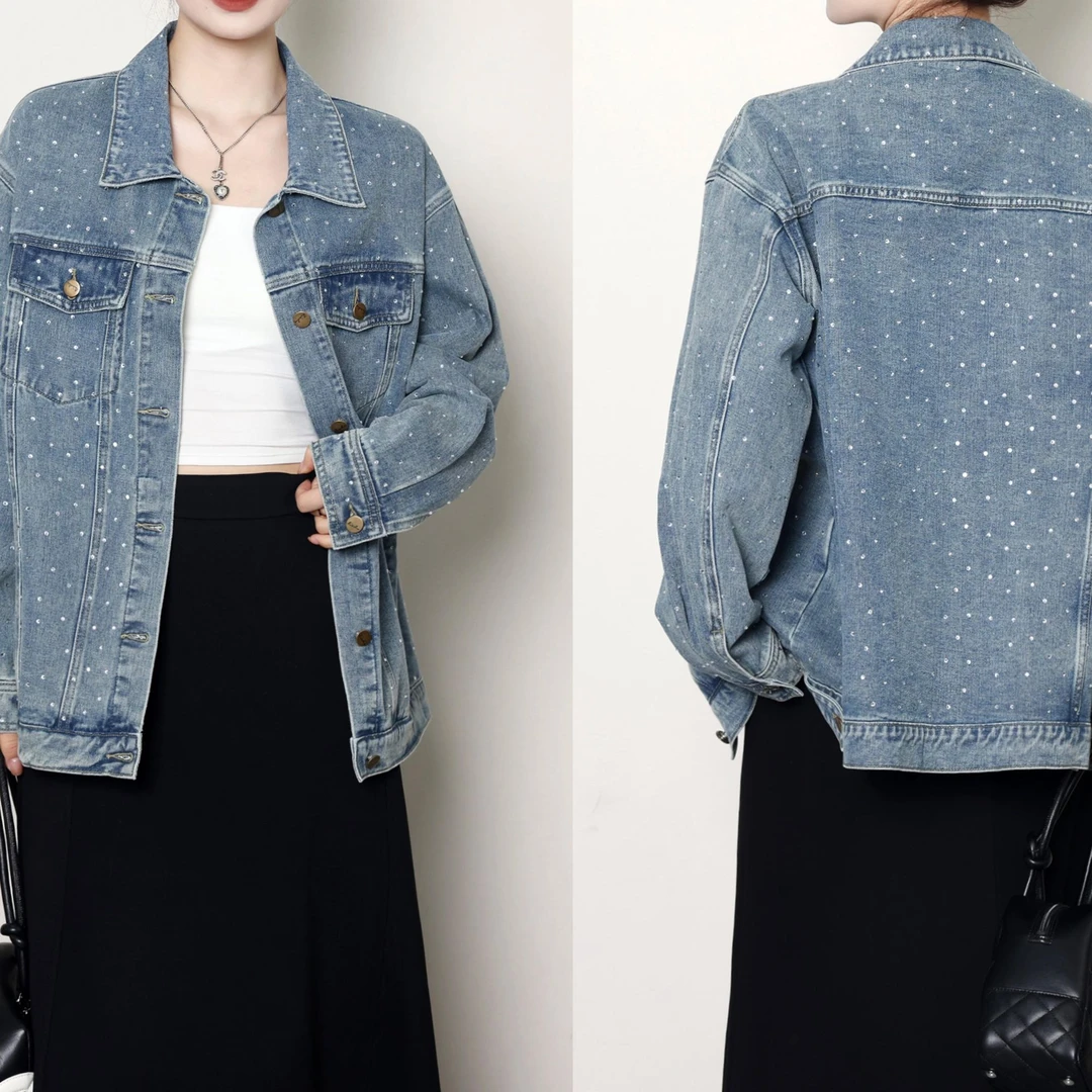 QC杨杨【氧化浪漫】微胖大码女早秋时尚休闲烫钻牛仔外套ZY407H34