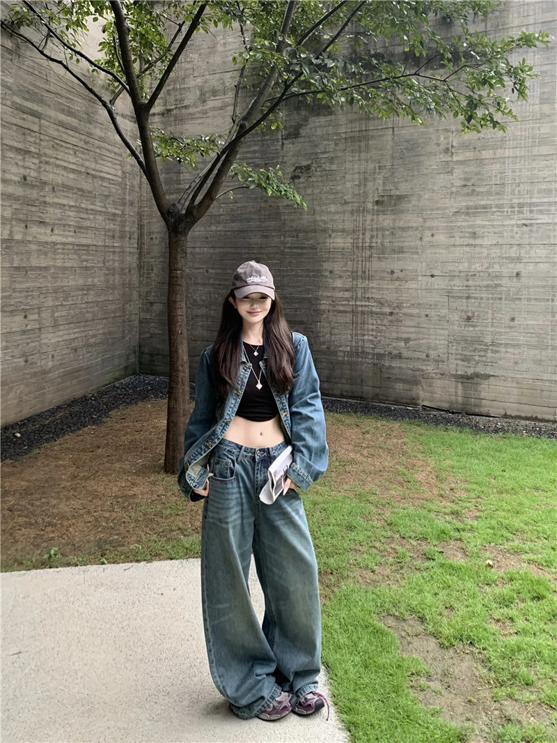 法式松弛感休闲风牛仔外套长裤套装女复古长袖夹克裤子甜酷两件套