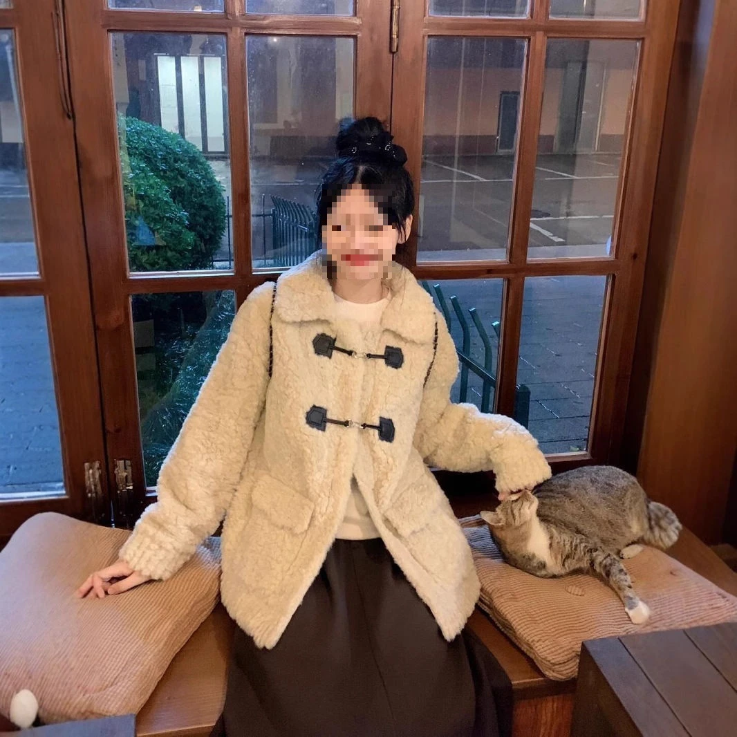 韩国翻领甜美温柔奶fufu羊羔毛外套女皮毛一体毛绒绒大衣秋冬加厚