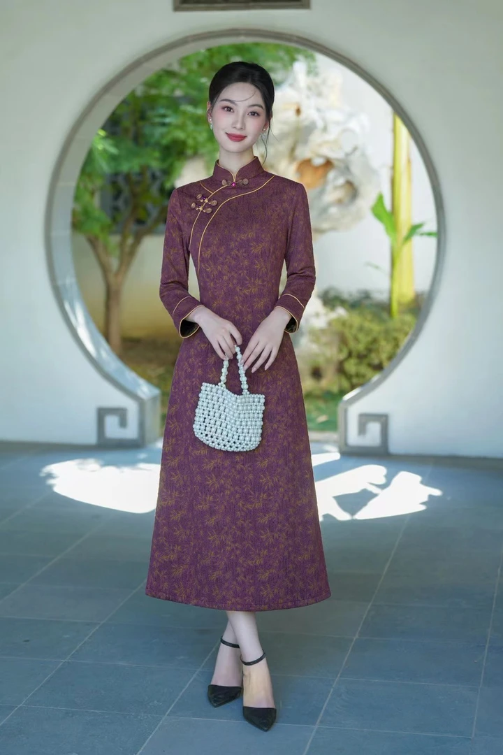禾风-旗袍厚款新中式高腰立领奥黛旗袍