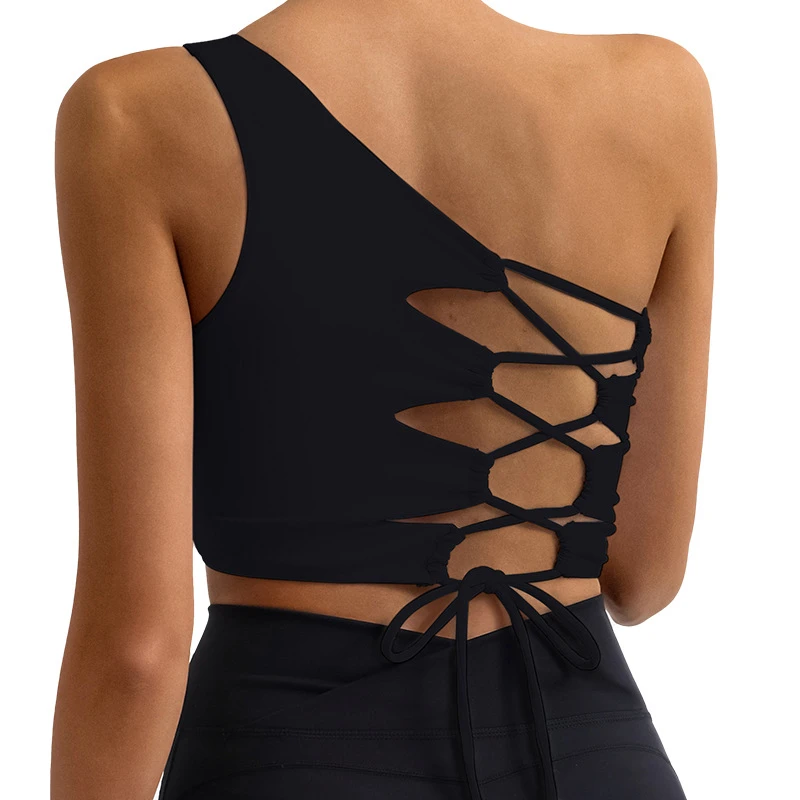 爆款不规则单肩美背系带含胸垫裸感瑜伽运动健身背心一体杯23813